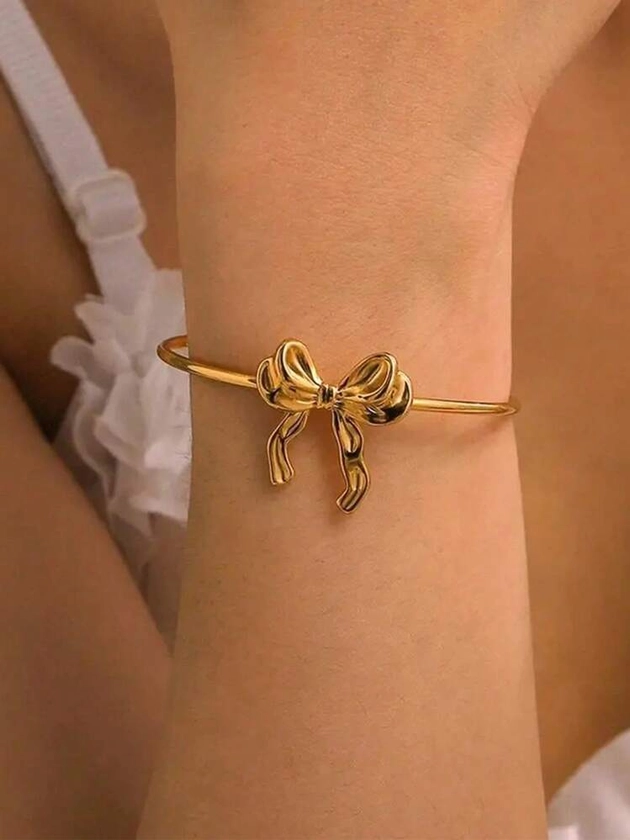 1 Pc Fashion Bow Open Bracelet For Women Gold Color Stainless Steel Geometric Bracelet Birthday Party Jewelry Gift