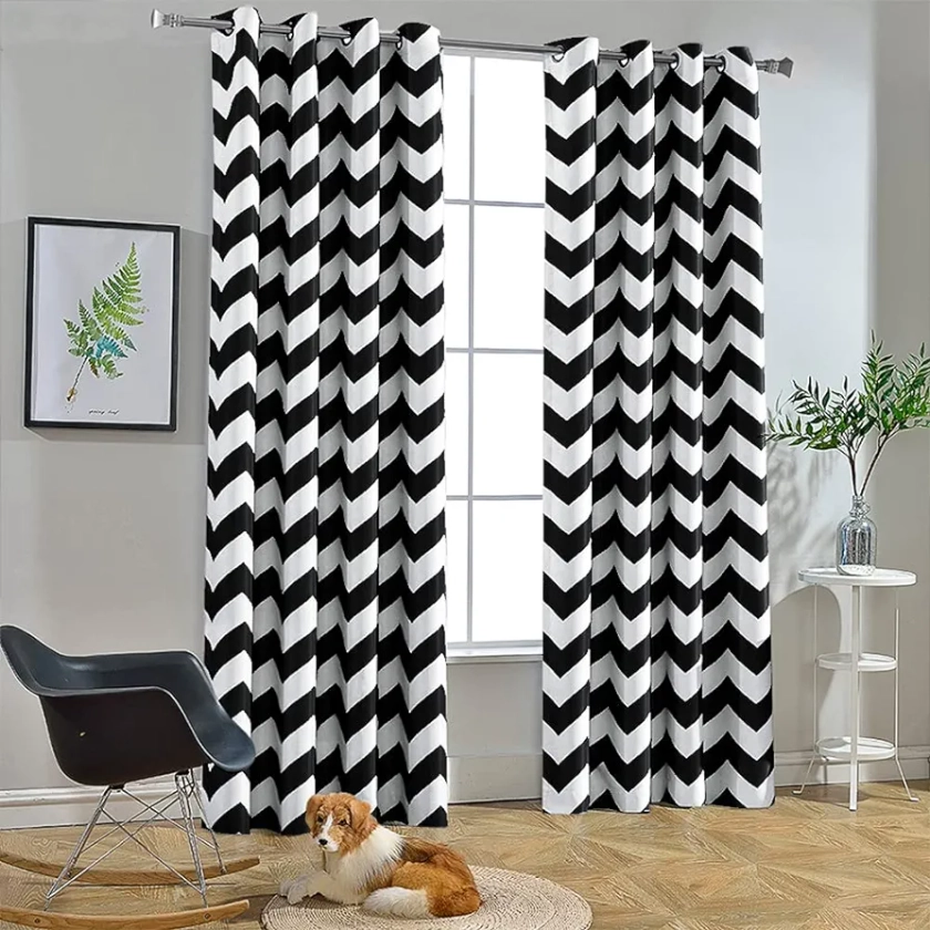 Melodieux Fashion Chevron Curtains for Living Room Dining Room, Darkening Grommet Top Window Drapes Soundproof Thermal Insulated for Bedroom, 84 Inches Long, 52 by 84 Inch, Black and White(1 Panel)