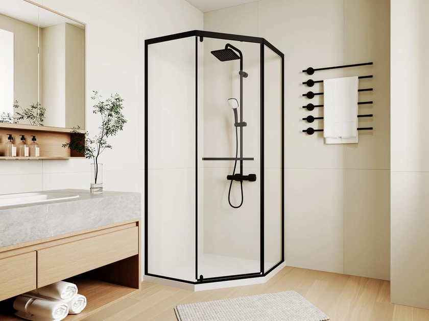 Paroi de douche pentagonale avec receveur, noir mat, 90 x 90 x 195 cm CRISTELIO