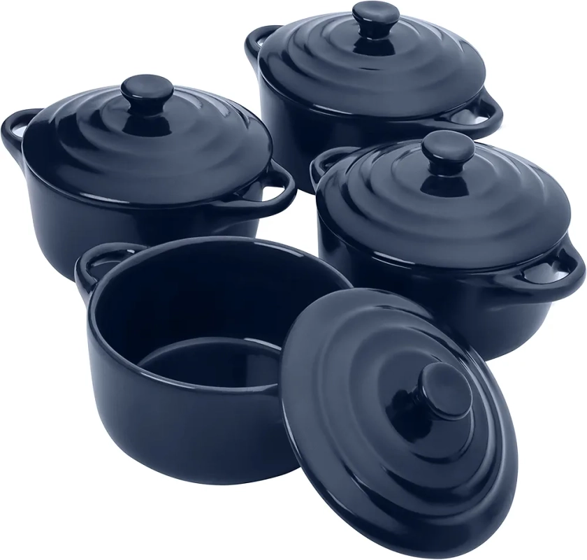 Belle Vous Mini Cocotte Individuelle Four en Céramique avec Couvercles (Lot de 4) - 170 ml Petite Cocotte Ronde Bleu Marine avec Couvercles et Poignées pour Soufflé, Crème Brûlée et Lasagnes : Amazon.fr: Cuisine et Maison