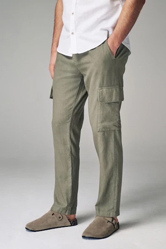 Buy Khaki Green Linen Cotton Elasticated Drawstring Cargo from the Next UK online shop