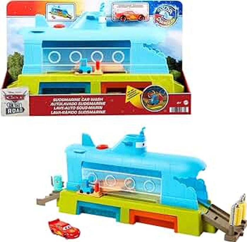 Mattel Disney and Pixar Cars Toys, Submarine Car Wash Playset with Color-Change Lightning McQueen Toy Car, Water Play