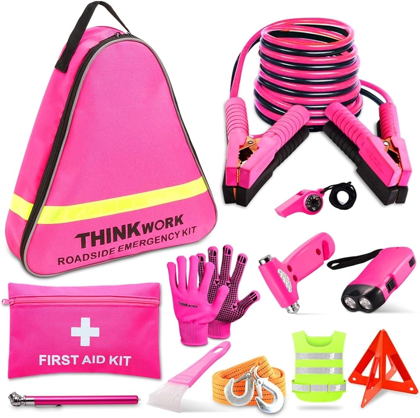 THINKWORK Car Emergency Kit for Teen Girl and Lady's Gifts, Pink Emergency Roadside Assistance kit with 10FT Jumper, First Aid Kit, Safety Hammer, Tow Rope, and More Pink Car Accessories Tool