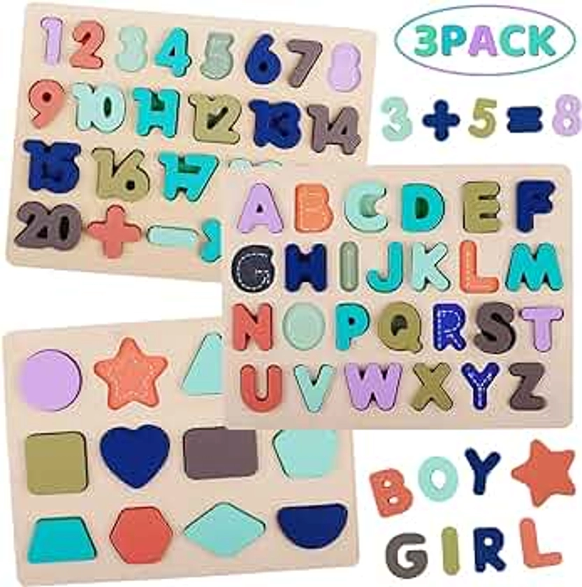 LENNYSTONE Lot de 3 puzzles en bois pour tout-petits, en forme de lettres de l'alphabet et des chiffres, jouets éducatifs préscolaires, cadeaux pour enfants âgés de 3, 4, 5, 6 ans
