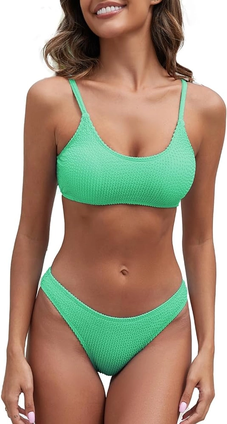 Fanuerg Women's Ribbed Bikini Sets Scoop Neck Cheeky Swimsuit Textured Two Piece Bathing Suit