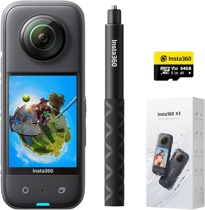 Insta360 X3 Kit Perche à Selfie - Caméra d'action 360 Degrés Étanche avec Capteur 1/2", Photos 5,7K 72MP, Stabilisation, Écran Tactile 2,29", Vibrations, Montages IA, Live, Webcam, Commande vocale : Amazon.fr: High-Tech