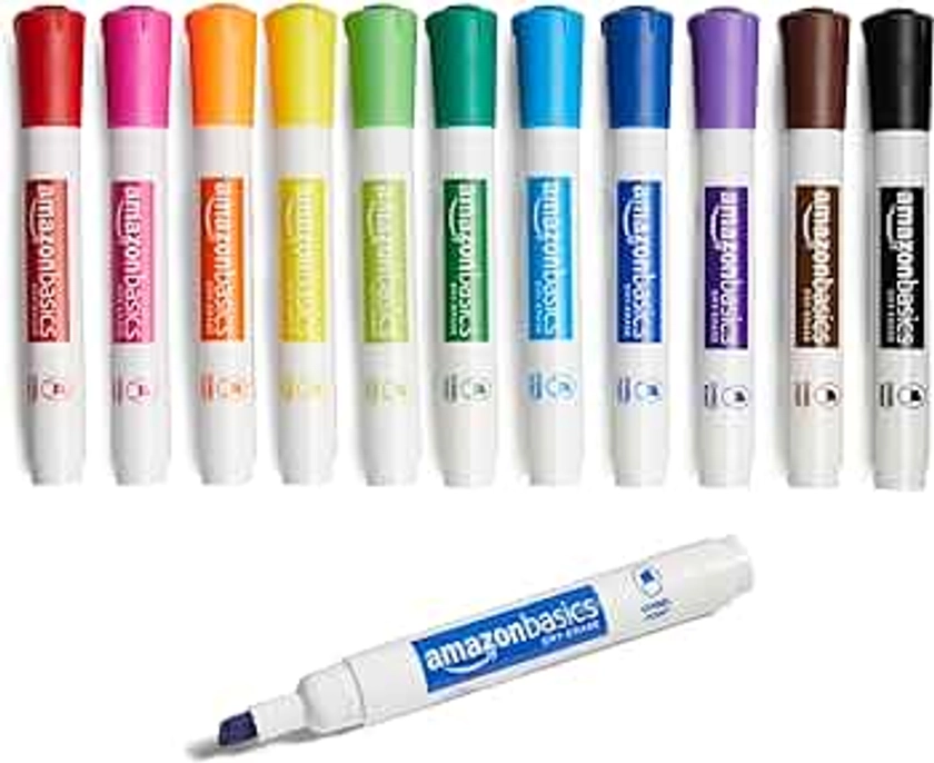 Amazon Basics Low-Odor Chisel Tip Dry Erase Whiteboard Marker, Pack of 12, Assorted Colors