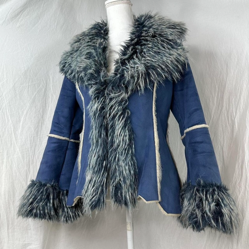 ೄྀ࿐ Vintage Y2K afghan coat with fur midnight blue... - Depop