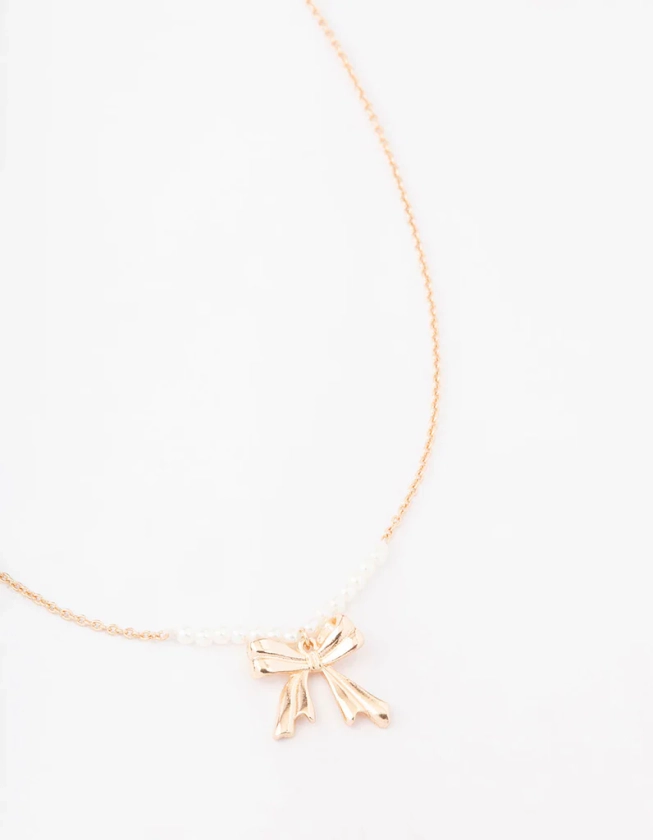 Gold Pearl Bow Short Necklace
