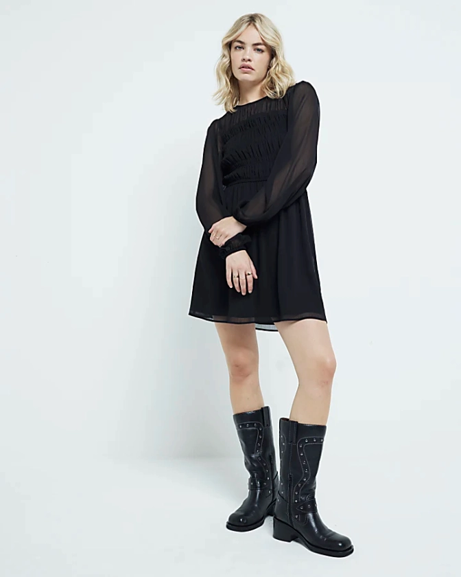 Black Shirred mini dress | River Island