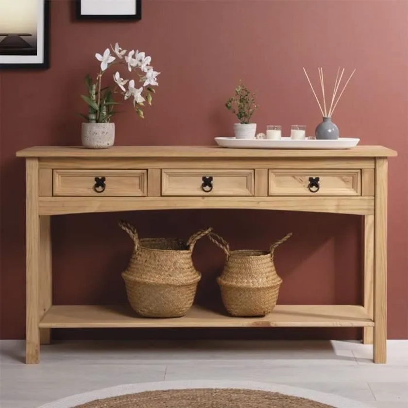 Table console SALSA table d'appoint en bois style mexicain avec 3 tiroirs, en pin massif finition teintée/cirée