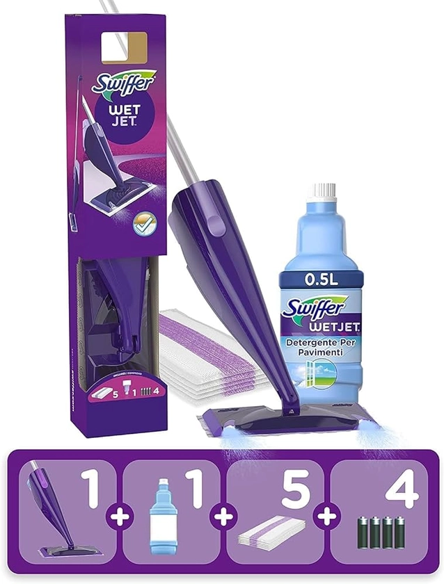 Swiffer WetJet Complet Balai Kit, 5 Lingettes + 1 Nettoyant Liquide + 2 Piles, Nettoie En Profondeur Et Retient La Saleté, Élimine Jusqu'a 99.9% Des Bactéries