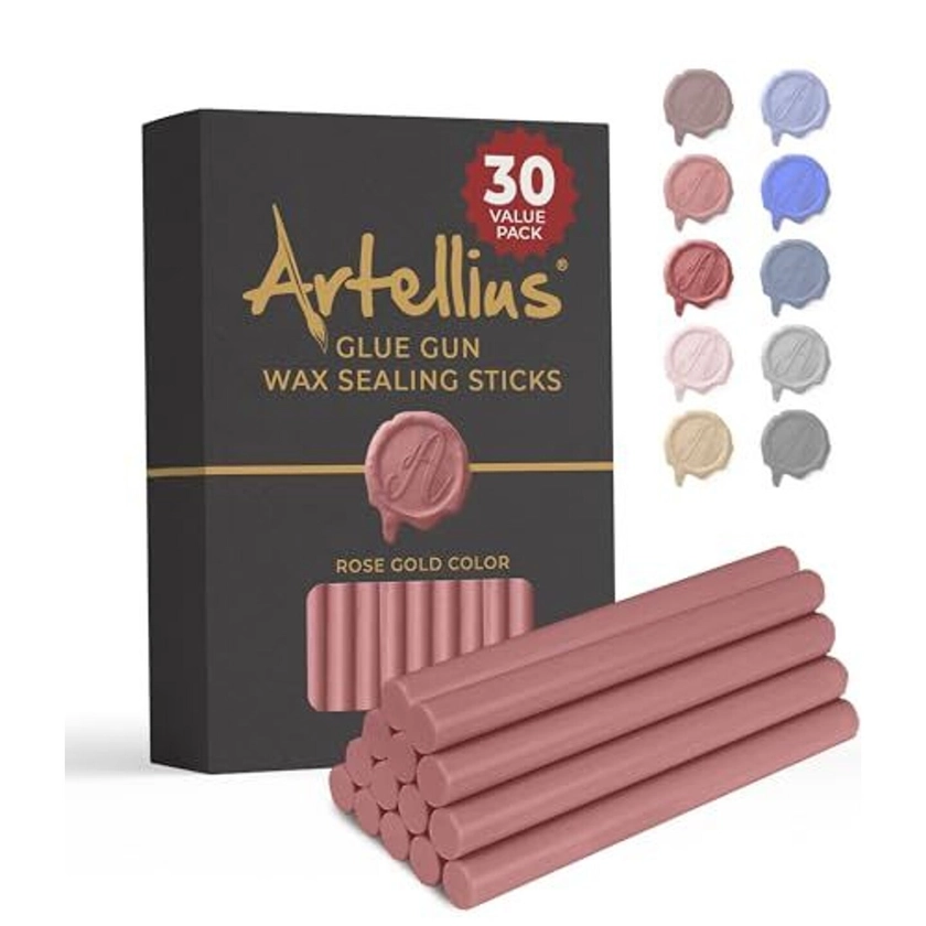 Artellius Premium Sealing Wax Sticks (Bulk 30 Pack) Wax Seal Glue Gun Sticks, Envelope Seal Wax for Stamp Seals - Perfect Wax Seal Sticks for Crafting, Invitations & Letters - Rose Gold