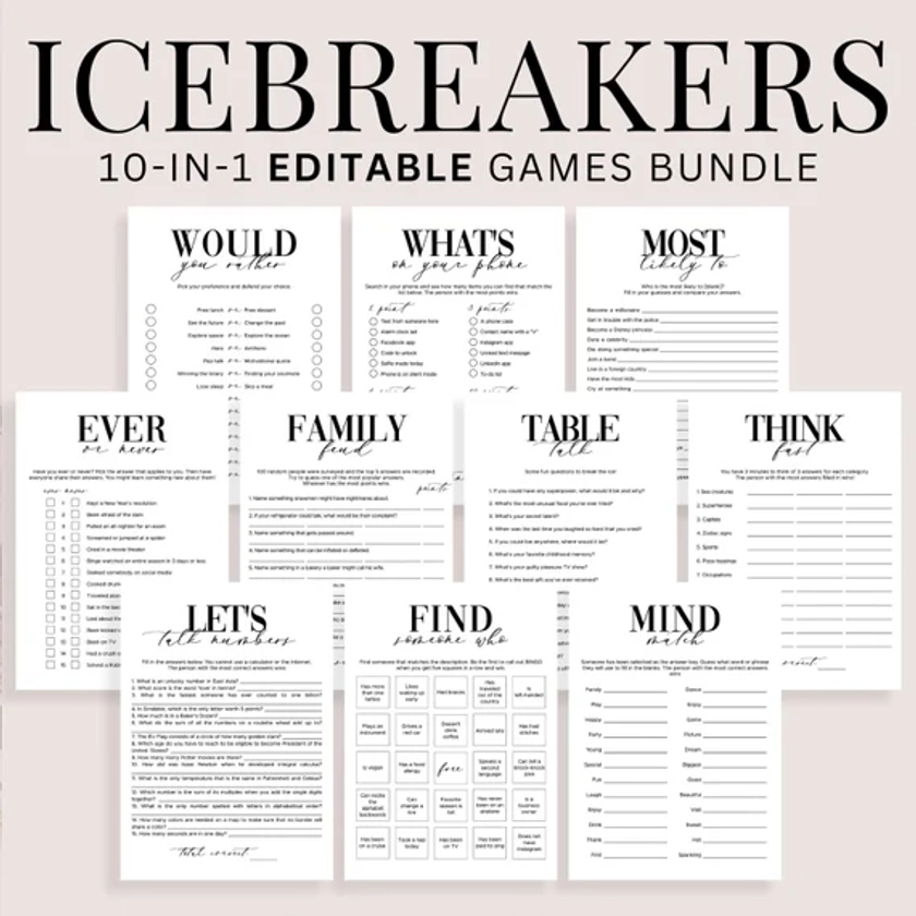 Icebreaker Games Bundle | Conversation Starters Templates Dinner Party Activities Icebreaker Table Talk Questions Find Someone Who Bingo MV1