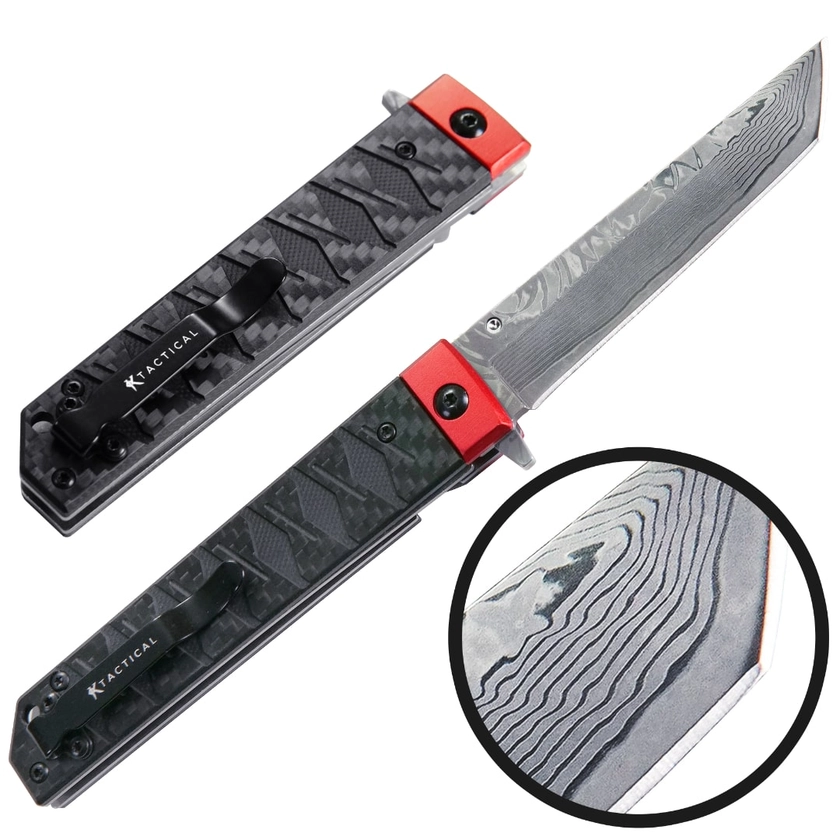 Folding Pocket Katana Damascus Samurai Japanese Carry Knife Carbon Fiber - Mod 2