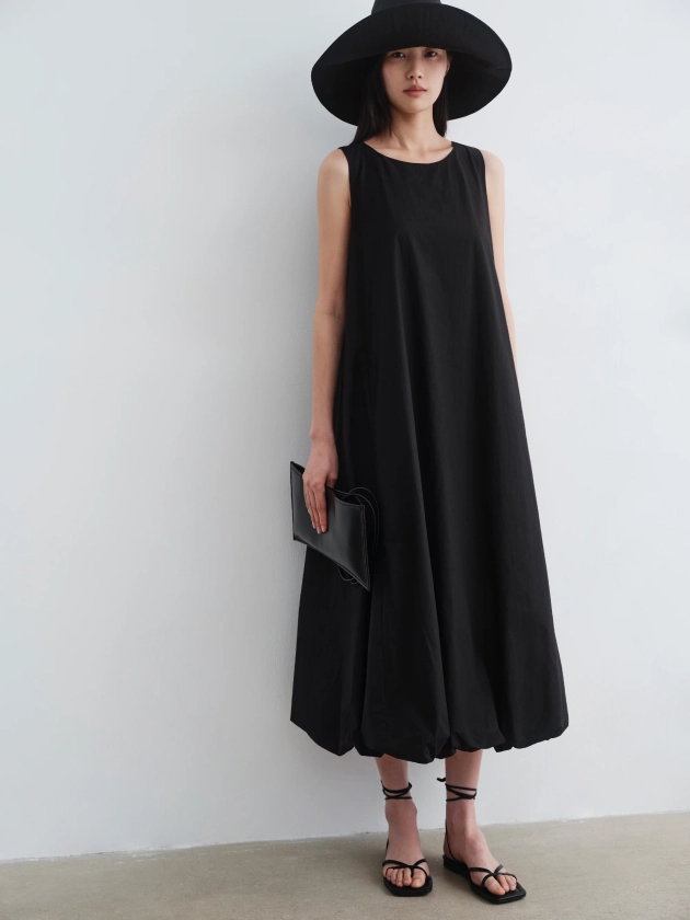 Pure cotton shirred balloon long dress