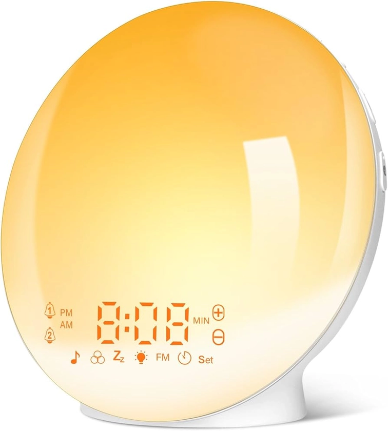 ARTINABS Sunrise Alarm Clocks, Wake Up Light with Sunrise/Sunset Simulation Dual Alarms Bedside Night Lamp Snooze Function FM Radio 7 Natural Sound 11 Colorful Atmosphere Lamp(White)