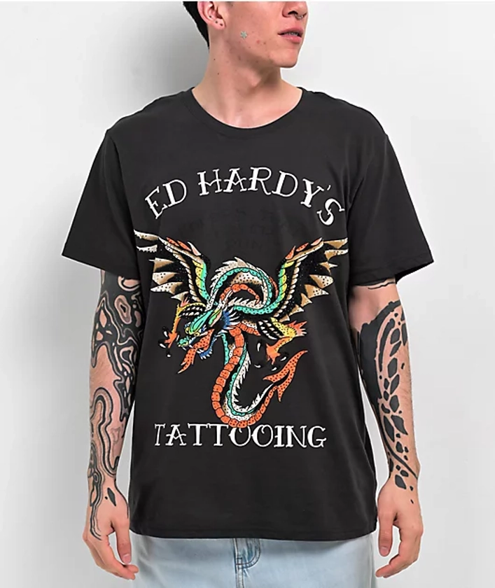 Ed Hardy Rhinestone Dragon Black T-Shirt