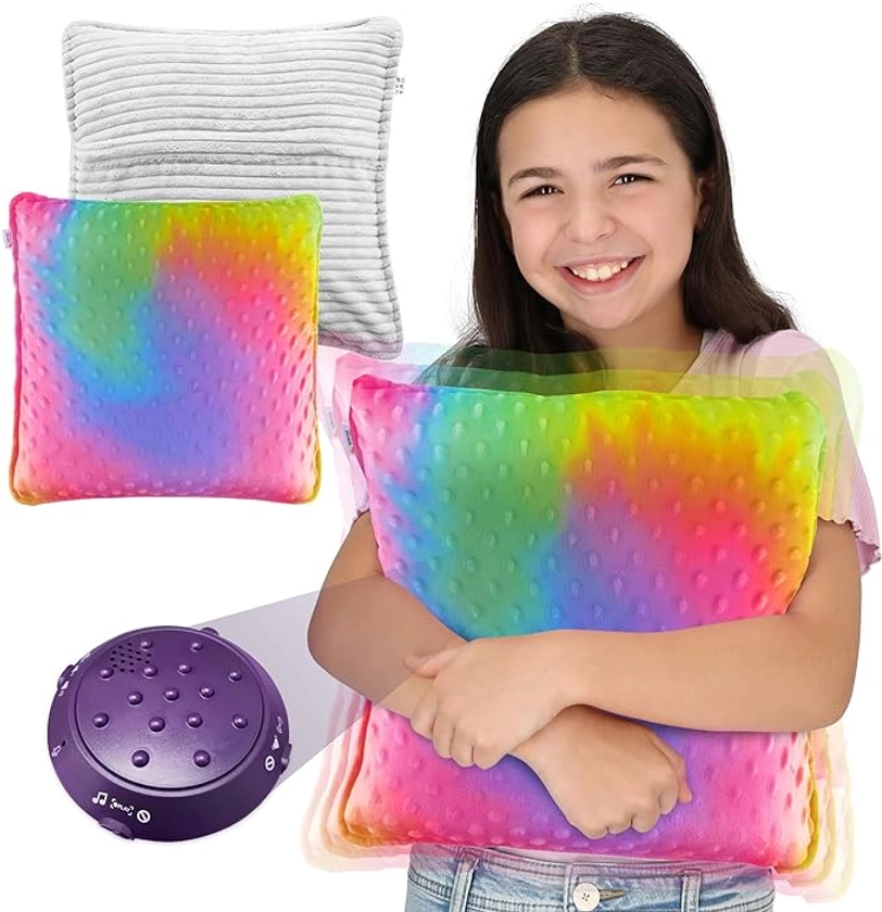 Special Supplies Vibrating Pillow Sensory Pressure Activated for Kids and Adults, 12” x 12” Plush Minky Soft Cover, Colorful