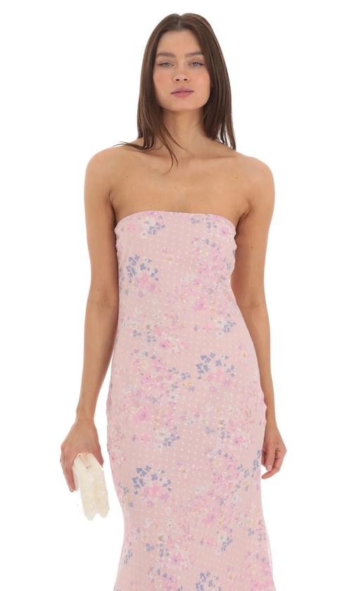 Dotted Floral Strapless Maxi Dress in Pink | LUCY IN THE SKY