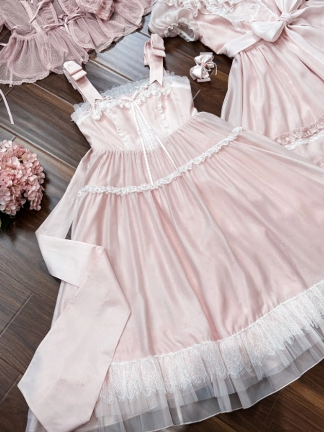 [£91.65]Pink Embroidered Trimming Neckline Sakura Embroidery Lolita Jumper Skirt