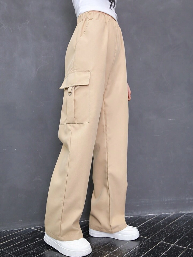 Seasonal Casual Solid Color Cargo Pants For Tween Girls