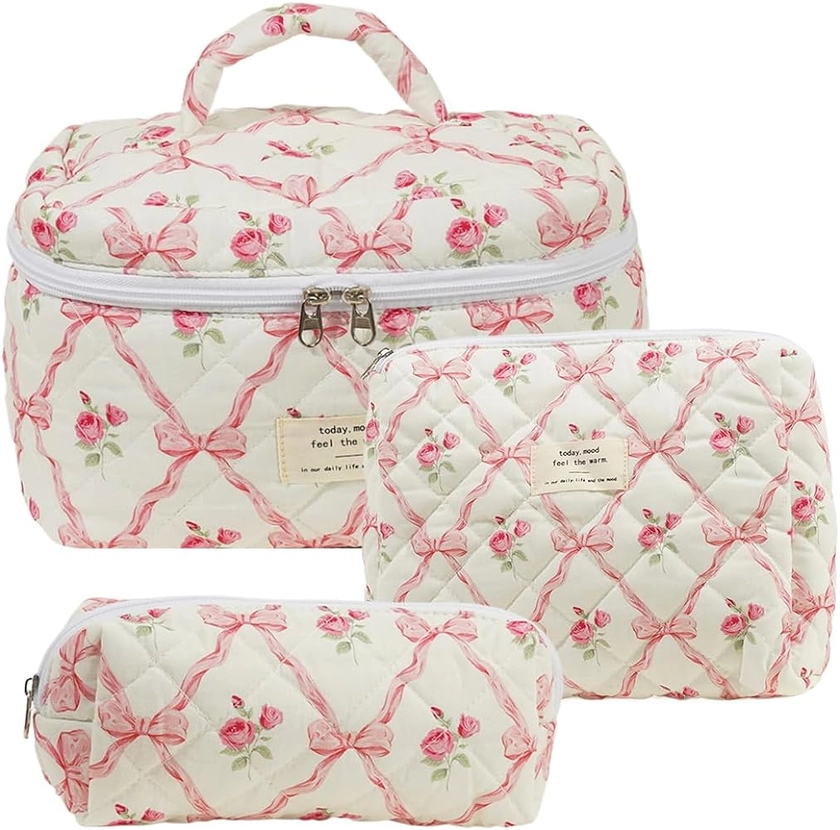 Cessfle 3PCS Cotton Quilted Makeup Bag, Pink Ribbon Bow Makeup Bag Set Large Puffy Makeup Bag Coquette Cosmetic bag Set for Clean Girl Aesthetic Room Decor
