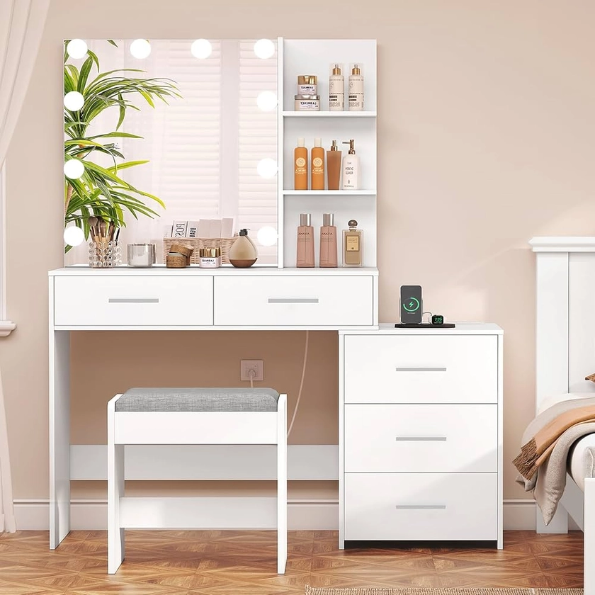 Amazon.com: usikey Large Vanity Desk with Mirror & 10 LED Lights, Makeup Vanity Dressing Table with Power Strip, Storage Shelves & 5 Drawers, Vanity Table Set with Cushioned Stool for Women Girls, White : Home & Kitchen