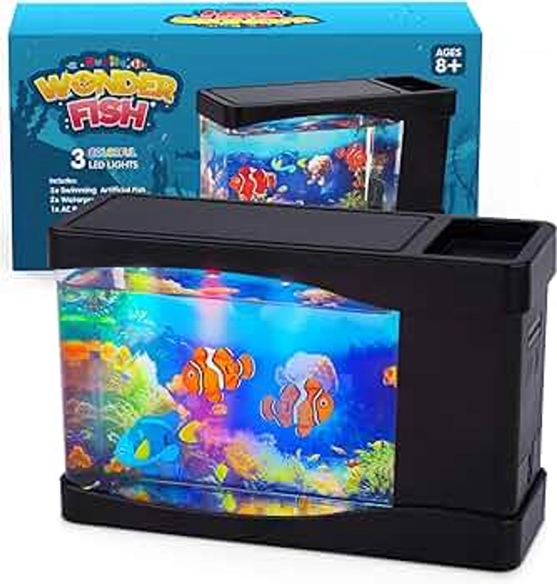 Artificial Fish Tank Virtual Ocean Toy in Motion Lamp - Mini Office Desk Aquarium 3 Colorful LED Lights, Colorful Aquarium Backgrounds - 3 Artificial Fish, Bubbles Tank with Moving Fish, Gift for Kids