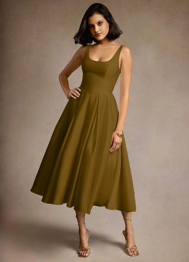 Olivia Moss Green Pleated Midi Dress | Azazie CA