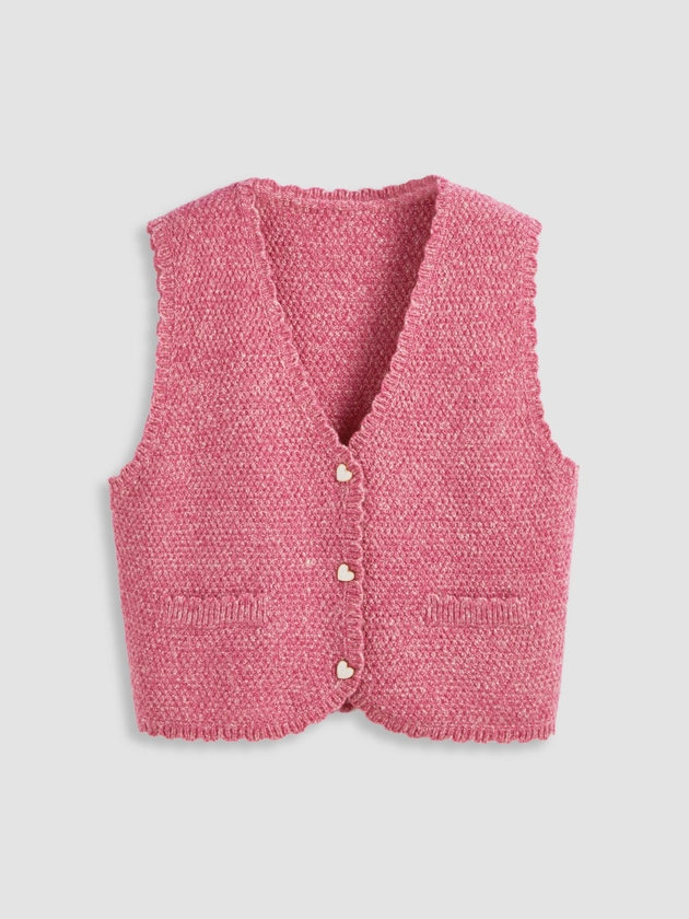 Knit V-neck Heart Button Vest Curve & Plus For Daily Casual