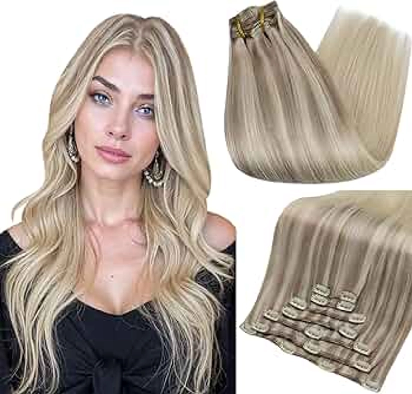 Full Shine Balayage Blonde Clip in Hair Extensions Remy Clip in Extensions Color 18 Ash Blonde to 22 and 60 Platinum Blonde Human Hair Extensions 7 Pcs Double Weft Clip in Hair 18 Inch