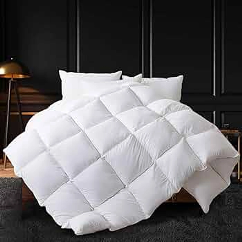 WhatsBedding Queen Size Feather Comforter, Filled with Feather and Down, White All Season Duvet Insert - Luxurious Hotel Bed Comforter - 100% Cotton Cover, Medium Warmth with Corner Tabs - 90x90 Inch