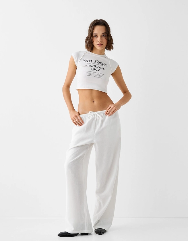 Pantalon straight lin mélangé taille élastique