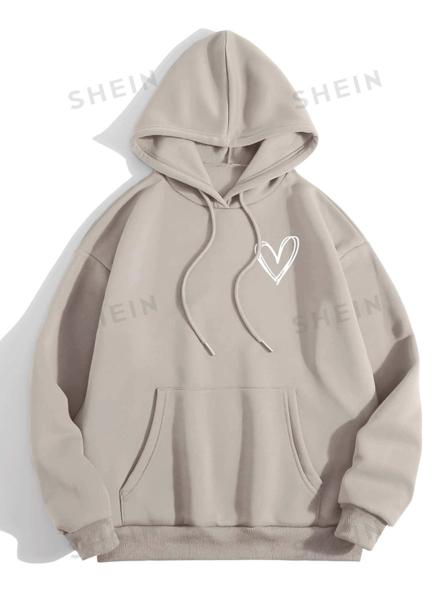 SHEIN EZwear Heart Print Thermal Lined Drawstring Hoodie