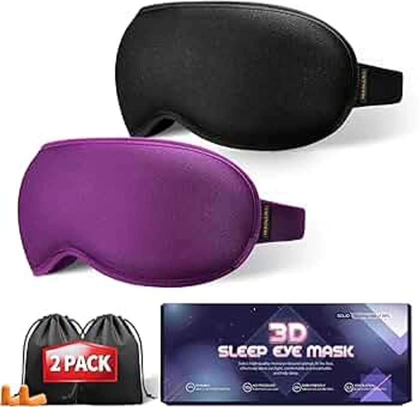 Weighted Sleep Mask, 2 Pack 3D Contoured Eye Masks for Sleep, Best Blackout Sleep Masks for Women Men, Eye Mask for Travel, Meditation, Airplane, Memory Foam, Adjustable Strap, Black Purple