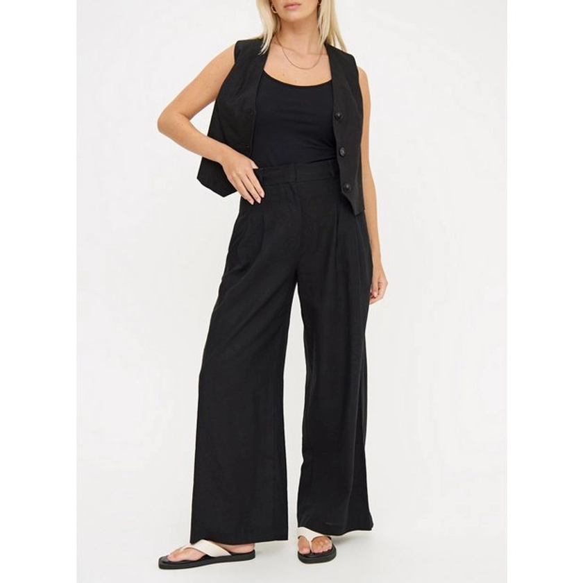 Buy Black Ultra Wide Leg Linen Trousers 16S | Trousers | Tu