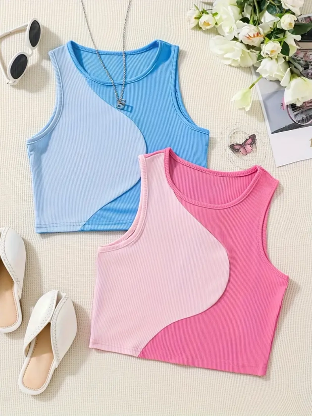 2pcs Girls Stylish Colorblock Print Sports Tank Top Set, Sports Casual Crop Top For Summer