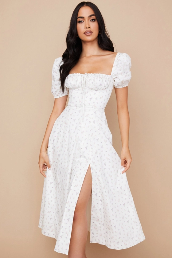 Clothing : Midi Dresses : 'Tallulah' White Floral Puff Sleeve Midi Dress 