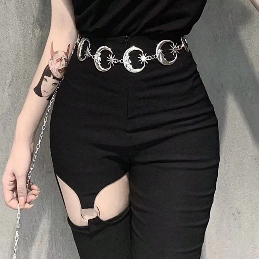 1 pieza Cadena de cintura con colgante de luna y estrellas para mujer, cadena metálica para el Body vintage de estilo hip-hop, accesorio decorativo metálico retro para la ropa, Halloween