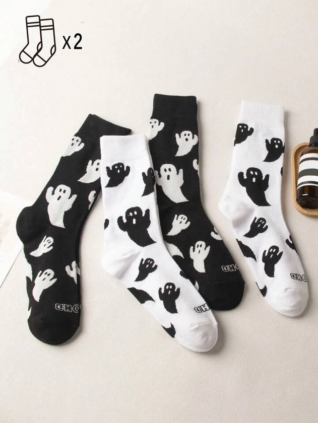 2 pares de calcetines de rodilla altos negros y blancos simples, divertidos y lindos con patrones de fantasmas de dibujos animados de Halloween para mujeres