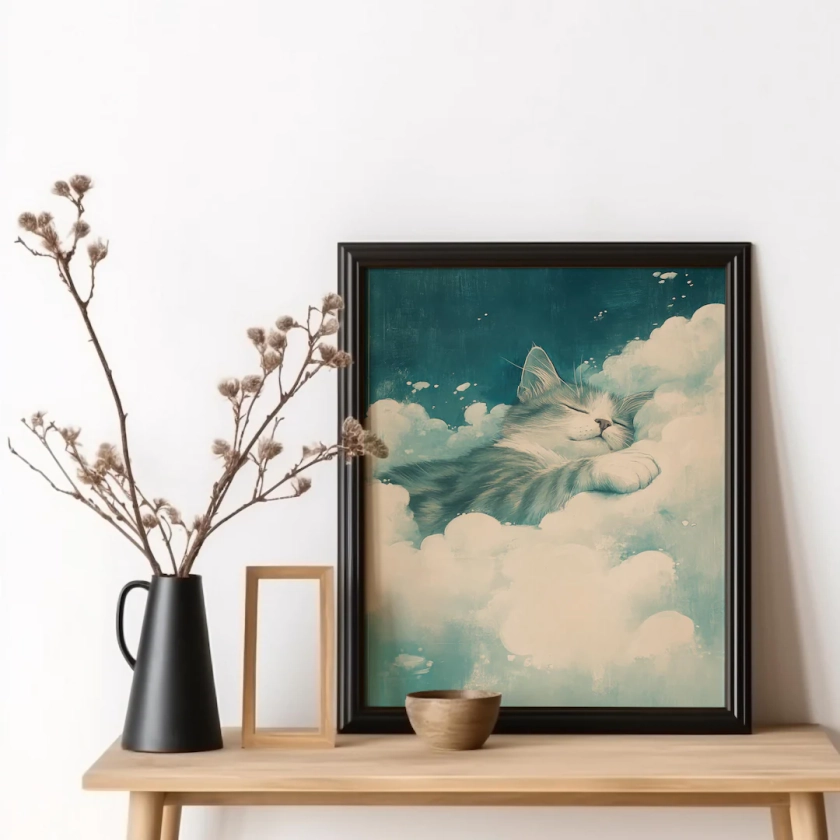 Sleeping Cat in Clouds Print, Dreamy Cat Art, Vintage Cloud Cat Poster, Cozy Wall Art, Cat Nap in the Clouds Painting, Fantasy Cat Art - Etsy Japan