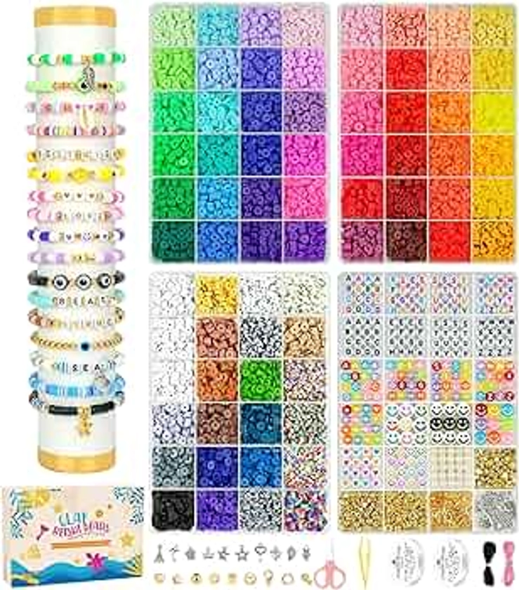 Dowsabel 15000 Pcs Clay Beads Bracelet Making Kit, 4 Boxes 72 Colors Friendship Clay Beads Bracelet Kit with Charms Kit for Jewelry Making, DIY Arts and Crafts Gifts for Kids and Adults