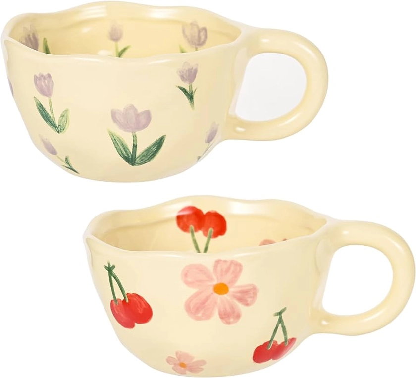 2 Pack Ceramic Coffee Mugs, Unique Creative Flower Mug Vintage Floral Tea Cups with Handles, 10 oz Cute Irregular Aesthetic Mug for Latte Cocoa Milk, Beautiful Cups are Best Gifts for Women