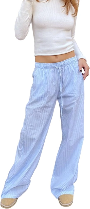 Women Y2k Stripe Print Long Pants Casual Loose Fit Elastic Waist Wide Leg Pants with Pockets Lounge Pants Streetwear
