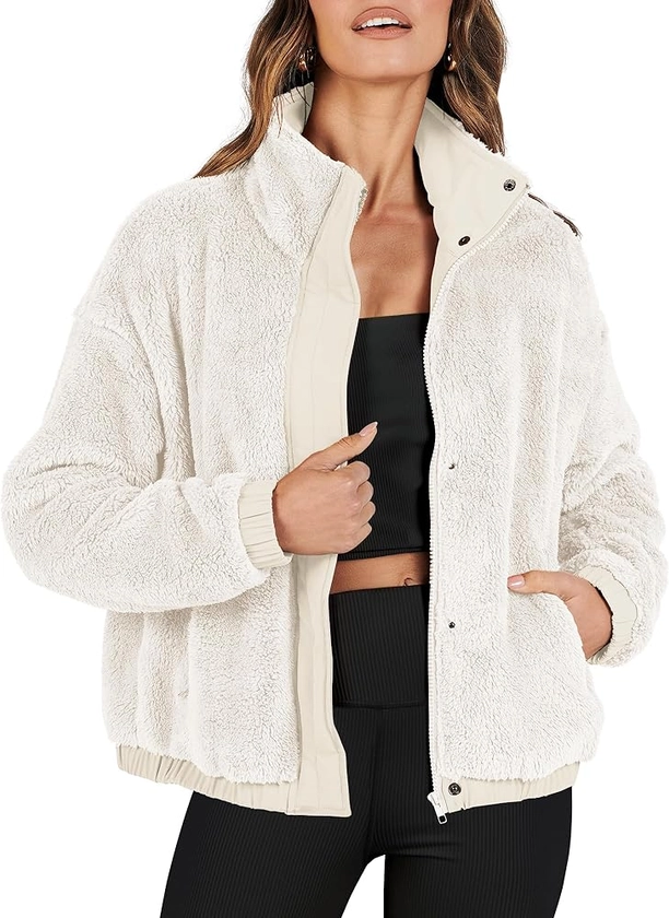 ANRABESS Womens Fleece Jacket Casual Long Sleeve Cropped Sherpa Button Down Fuzzy Warm Coats Fall Outwear With Pockets