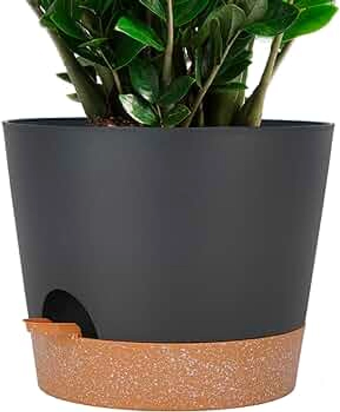12inch Large Self Watering Plant Pot, Plastic Cylinder Planter with 60Oz Deep Reservoir and Saucer for Indoor Outdoor Plants Flowers Houseplants, Black with Brown