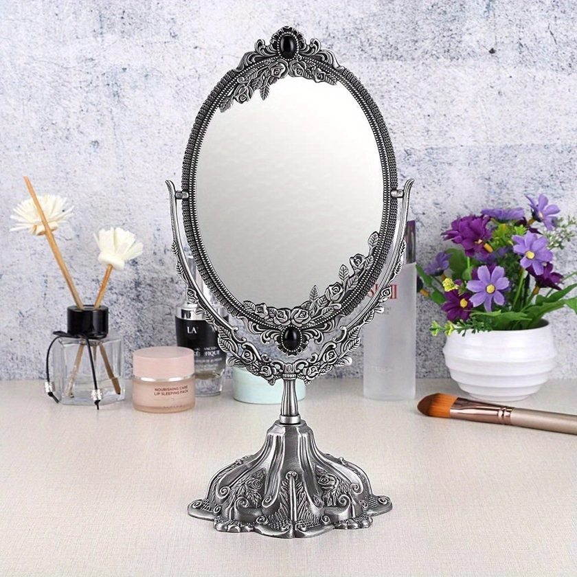 Vintage Swivel Double Sided Cosmetic Mirror with Stand - Antique Metal Tabletop Makeup Mirror for Bathroom and Bedroom