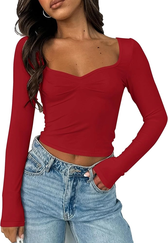 Women Sweetheart Neckline Basic Fitted Tops Long Sleeve Going Out Crop Tops Ruched T Shirts