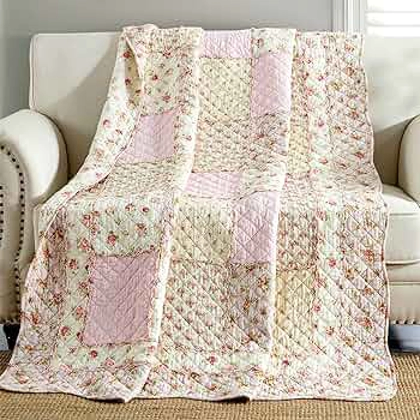 Qucover Pink Floral Quilted Blanket 100% Cotton Floral Patchwork Quilts Single Bedspread Throw for Couch Beds 59x79 Inch